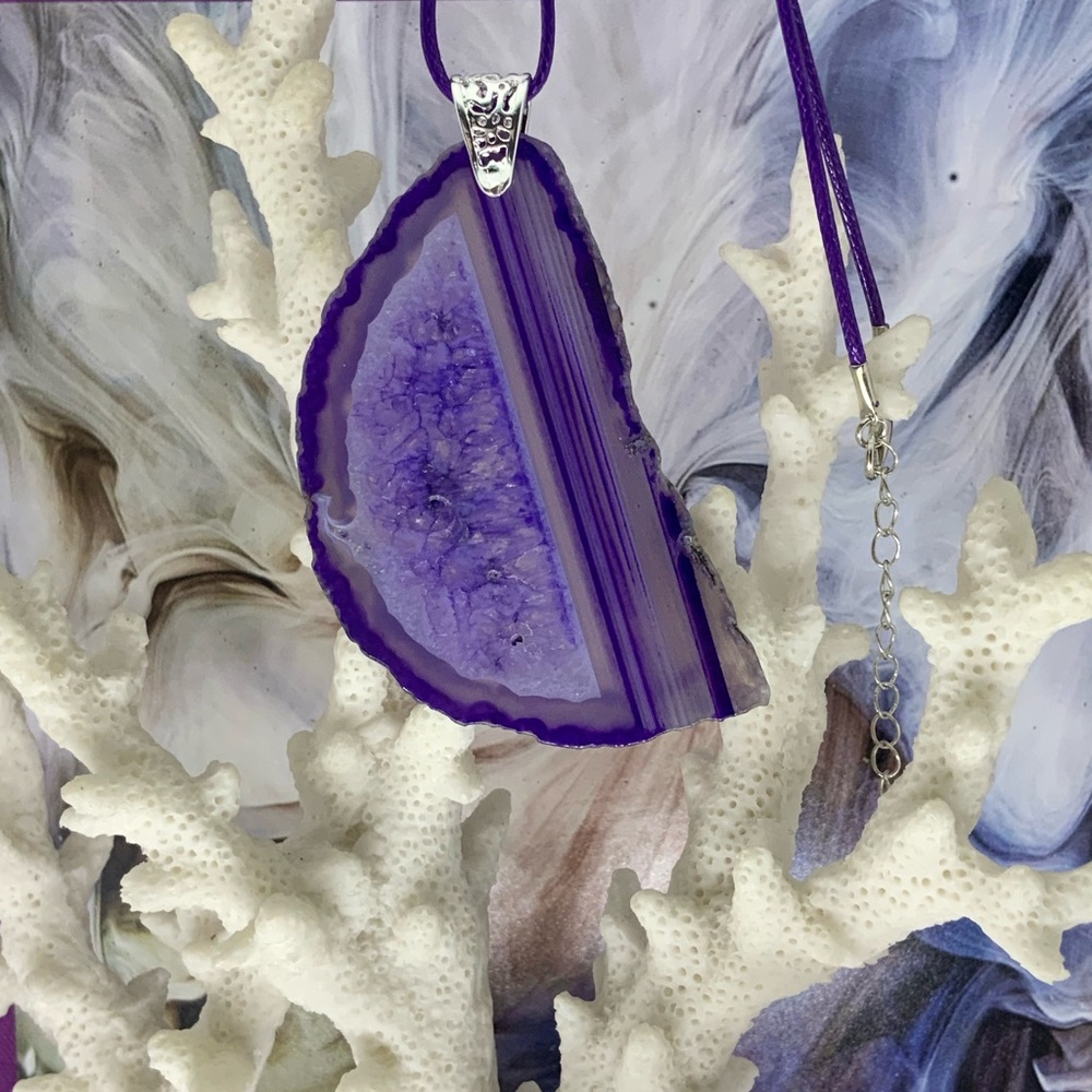 Purple Onyx Druzy Geode Agate Slice Pendant Necklace on Waxed Cotton Cord